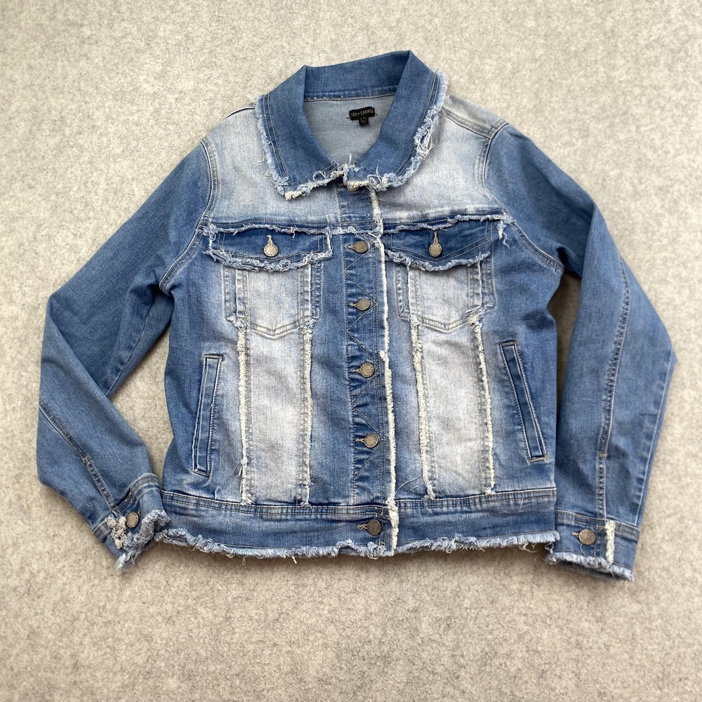 Coco + Carmen Jacket Womens L/XL Blue Denim Frayed Distressed Button Front